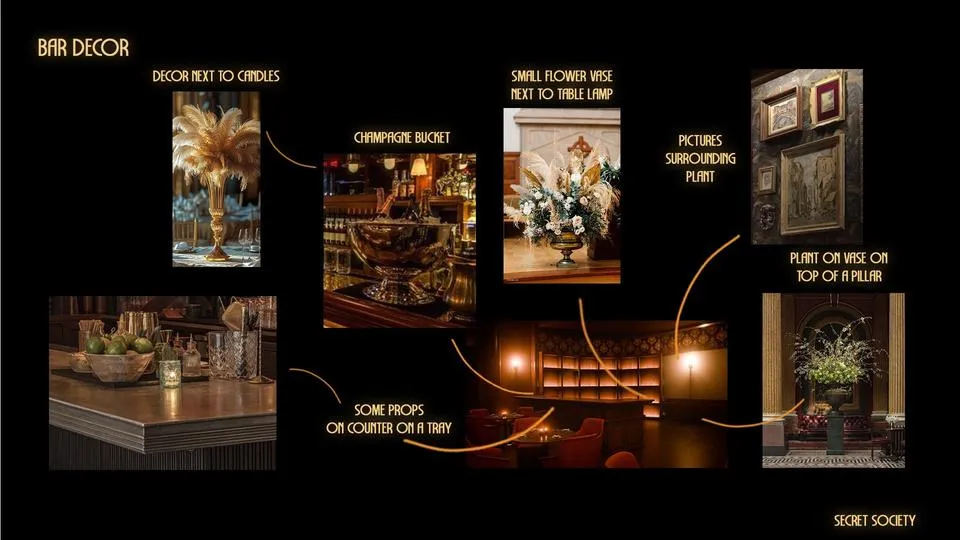 Bar decor with gold accents and lounge seating