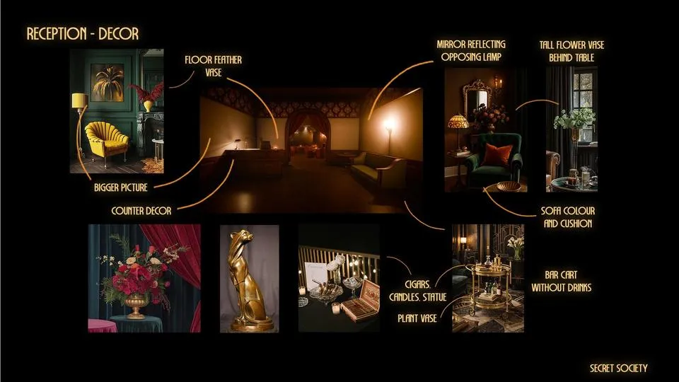 Secret Society reception mood — emerald velvet and gold