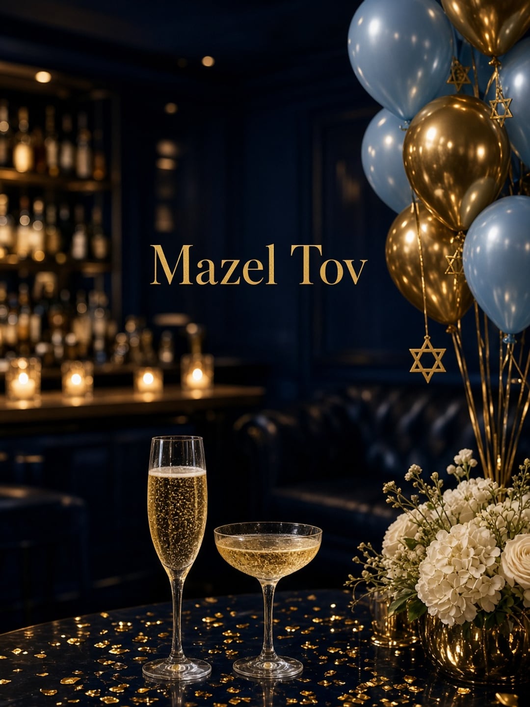 Mazel Tov — gold and blue balloons, Star of David ornaments, and sparkling glasses at Ace of Spades Lounge for a private Bat Mitzvah celebration